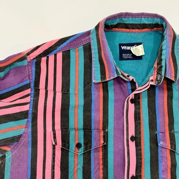 Vtg Wrangler Brushpopper Shirt 17 36 Western Rodeo Cowboy Pink Purple Teal 90s
